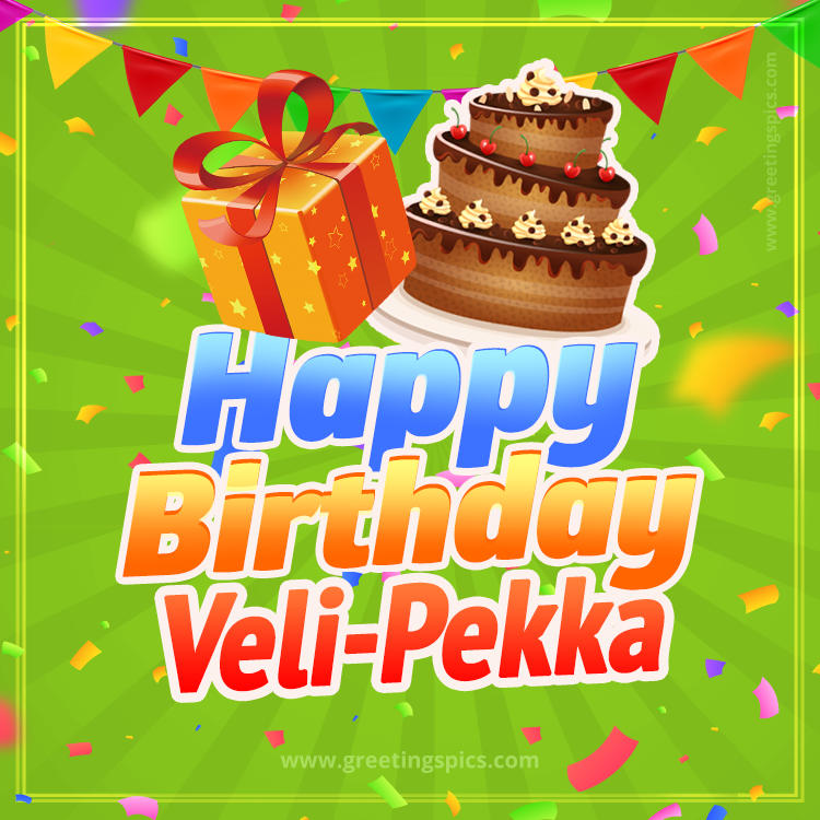 Happy Birthday Veli-Pekka picture with flags, chocolate cake and gift box (square shape image)