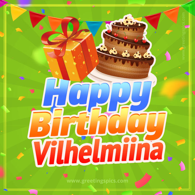 Happy Birthday Vilhelmiina picture with flags, chocolate cake and gift box (square shape image)