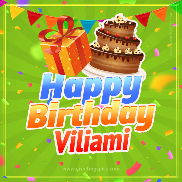 Happy Birthday Viliami picture with flags, chocolate cake and gift box (square shape image)