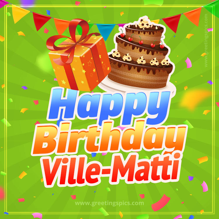 Happy Birthday Ville-Matti picture with flags, chocolate cake and gift box (square shape image)