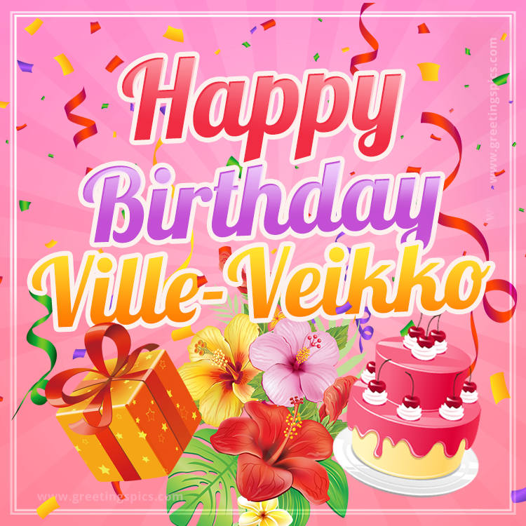 Beautiful Birthday Card for Ville-Veikko with pink background (square shape image)