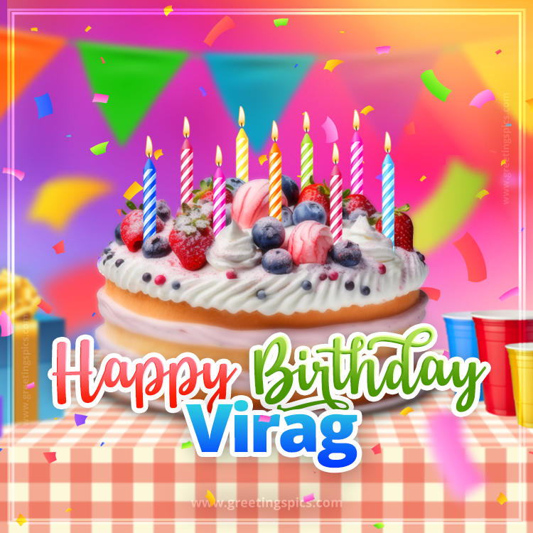 Happy Birthday Virag Colorful Image with fruit cake and candles (square shape image)