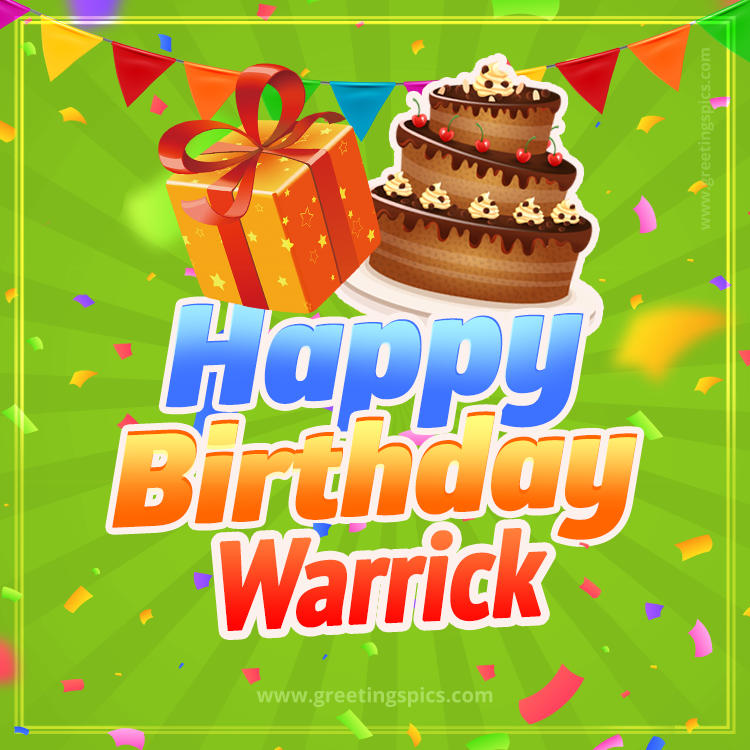 Happy Birthday Warrick picture with flags, chocolate cake and gift box (square shape image)