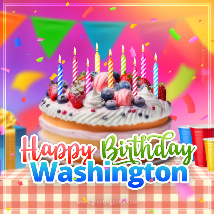 Happy Birthday Washington Colorful Image with fruit cake and candles (square shape image)