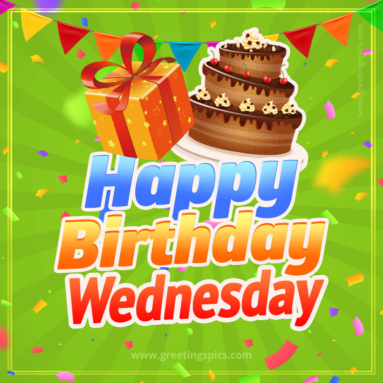 Happy Birthday Wednesday picture with flags, chocolate cake and gift box (square shape image)