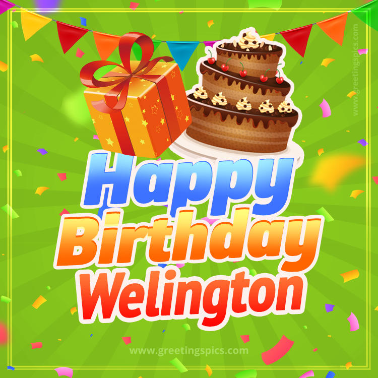 Happy Birthday Welington picture with flags, chocolate cake and gift box (square shape image)