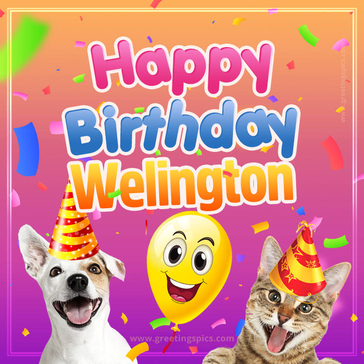 Happy Birthday Welington Funny Image with cat and dog (square shape image)