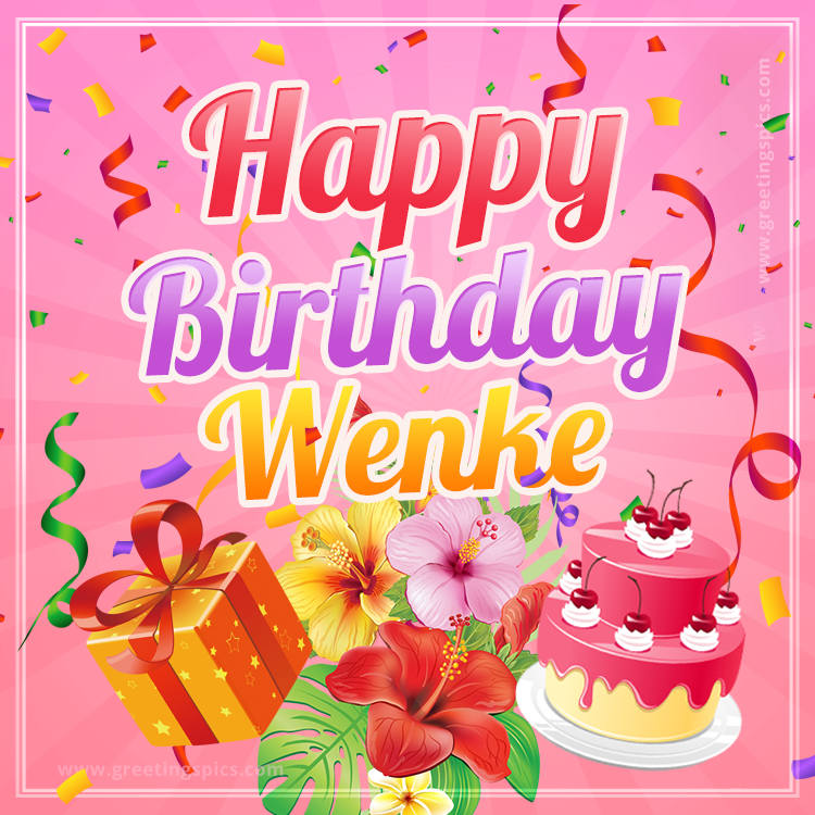 Beautiful Birthday Card for Wenke with Cake and bouquet of flowers (square shape image)