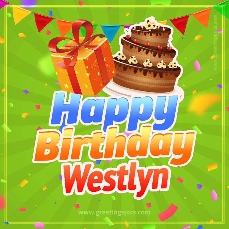 Happy Birthday Westlyn picture with flags, chocolate cake and gift box (square shape image)
