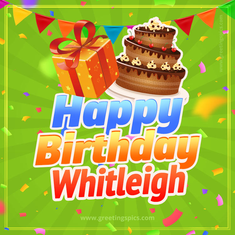 Happy Birthday Whitleigh picture with flags, chocolate cake and gift box (square shape image)