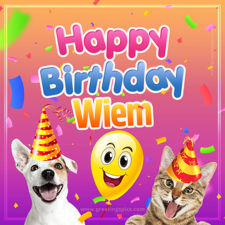 Happy Birthday Wiem Funny Image with cat and dog (square shape image)