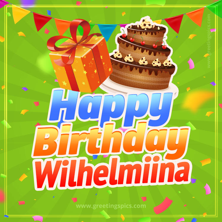 Happy Birthday Wilhelmiina picture with flags, chocolate cake and gift box (square shape image)