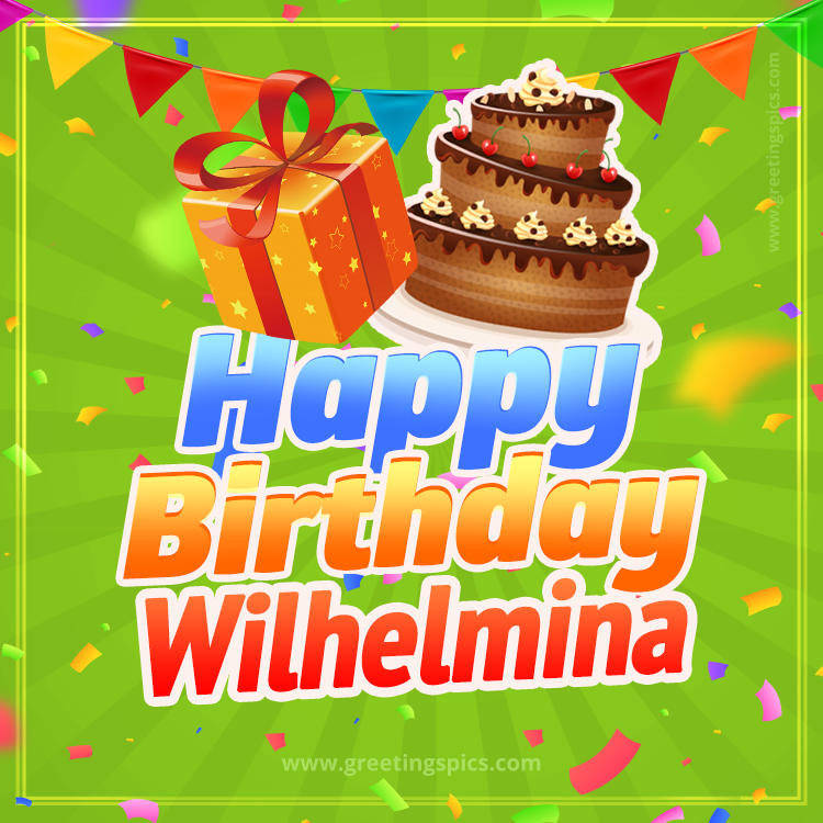 Happy Birthday Wilhelmina picture with flags, chocolate cake and gift box (square shape image)