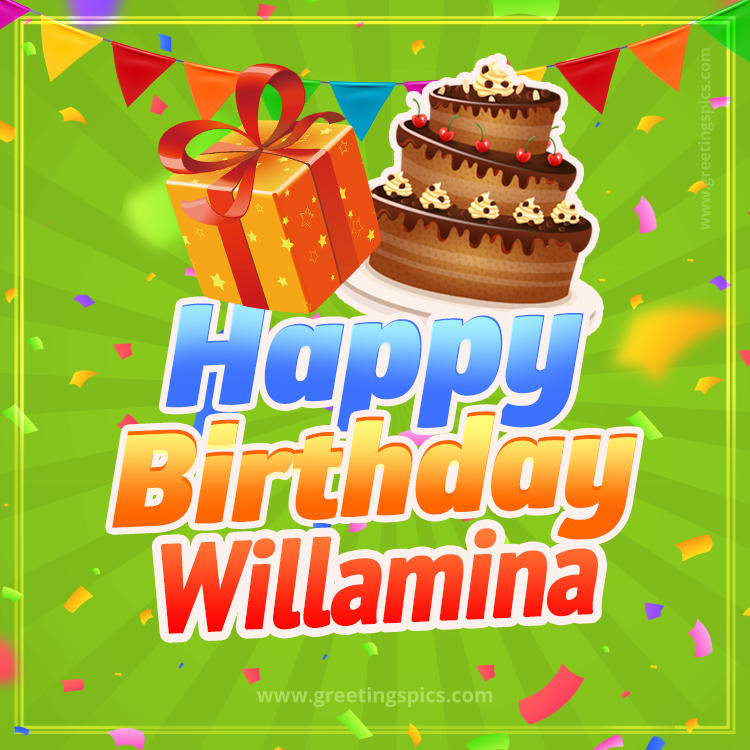 Happy Birthday Willamina picture with flags, chocolate cake and gift box (square shape image)