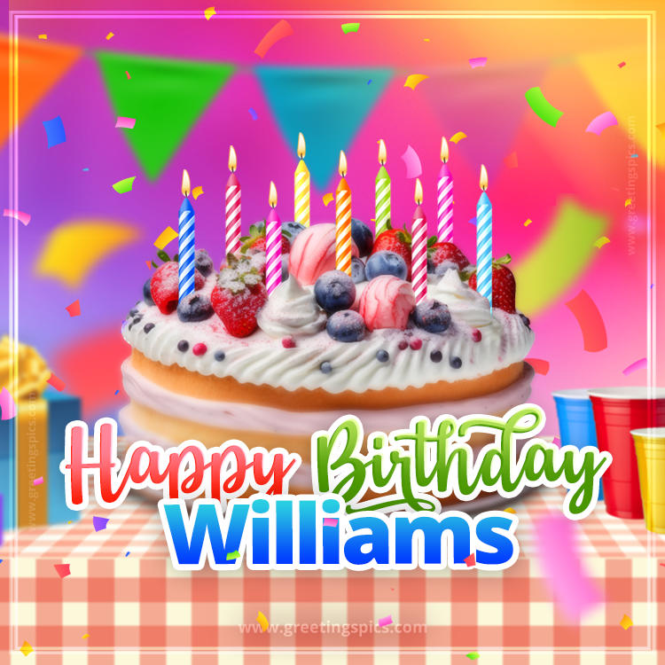 Happy Birthday Williams Colorful Image with fruit cake and candles (square shape image)