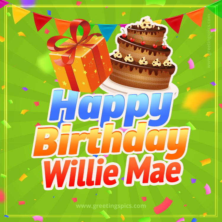 Happy Birthday Willie Mae picture with flags, chocolate cake and gift box (square shape image)