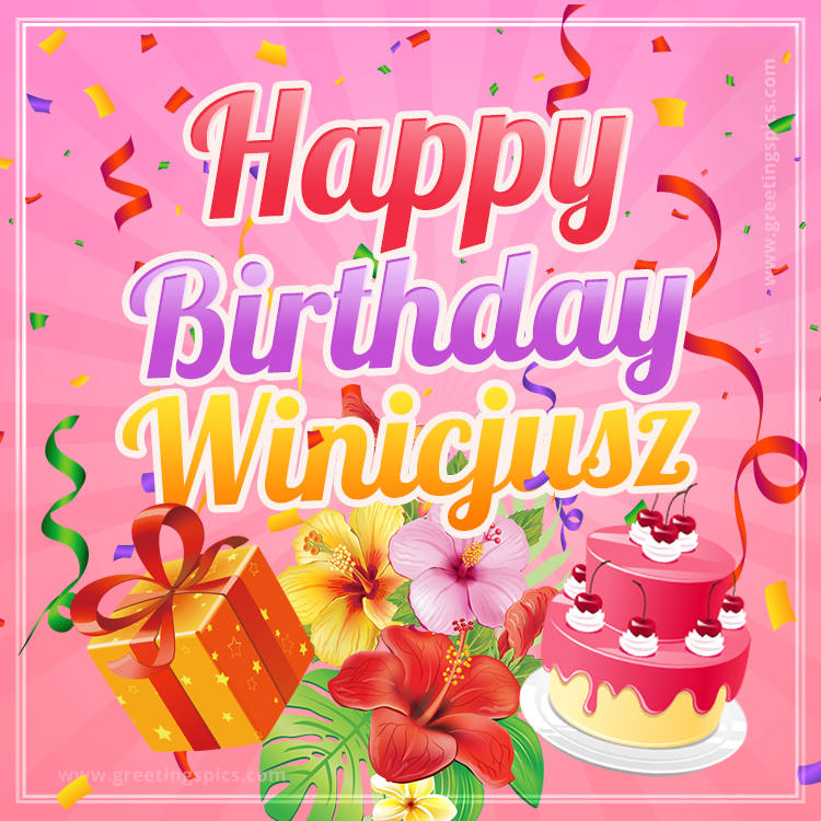 Beautiful Birthday Card for Winicjusz with pink background (square shape image)