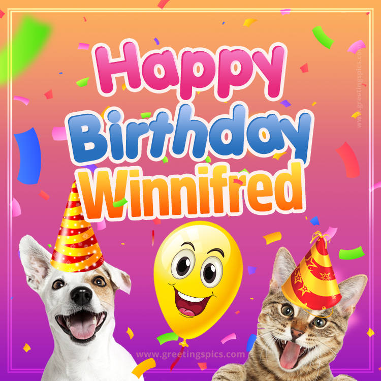 Happy Birthday Winnifred Funny Image with cat and dog (square shape image)