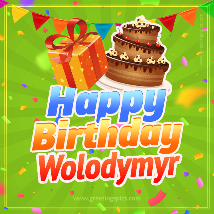 Happy Birthday Wolodymyr picture with flags, chocolate cake and gift box (square shape image)