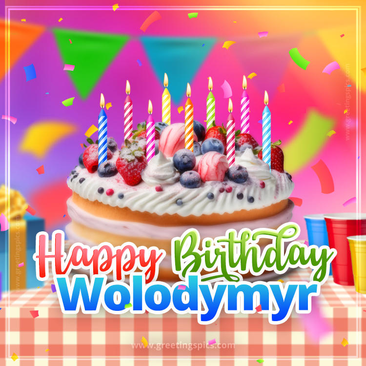 Happy Birthday Wolodymyr Colorful Image with fruit cake and candles (square shape image)