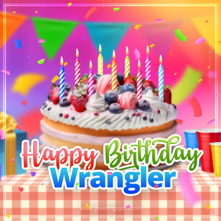 Happy Birthday Wrangler Colorful Image with fruit cake and candles (square shape image)