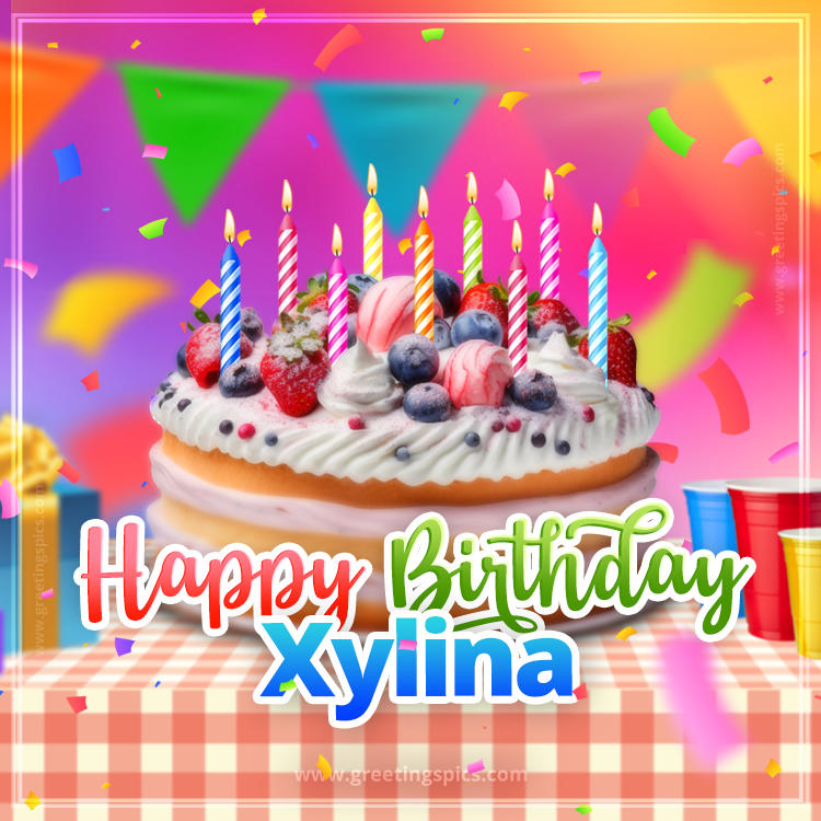 Happy Birthday Xylina Colorful Image with fruit cake and candles (square shape image)