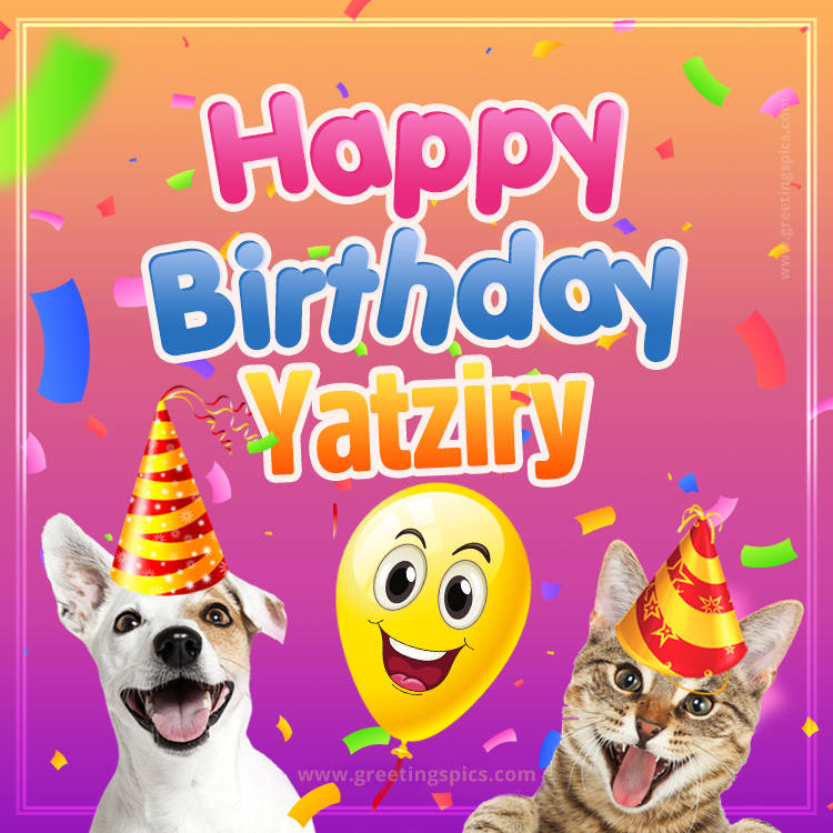 Happy Birthday Yatziry Funny Image with cat and dog (square shape image)