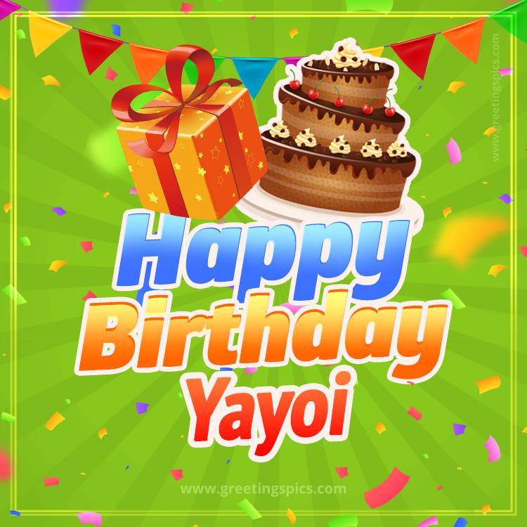 Happy Birthday Yayoi picture with flags, chocolate cake and gift box (square shape image)