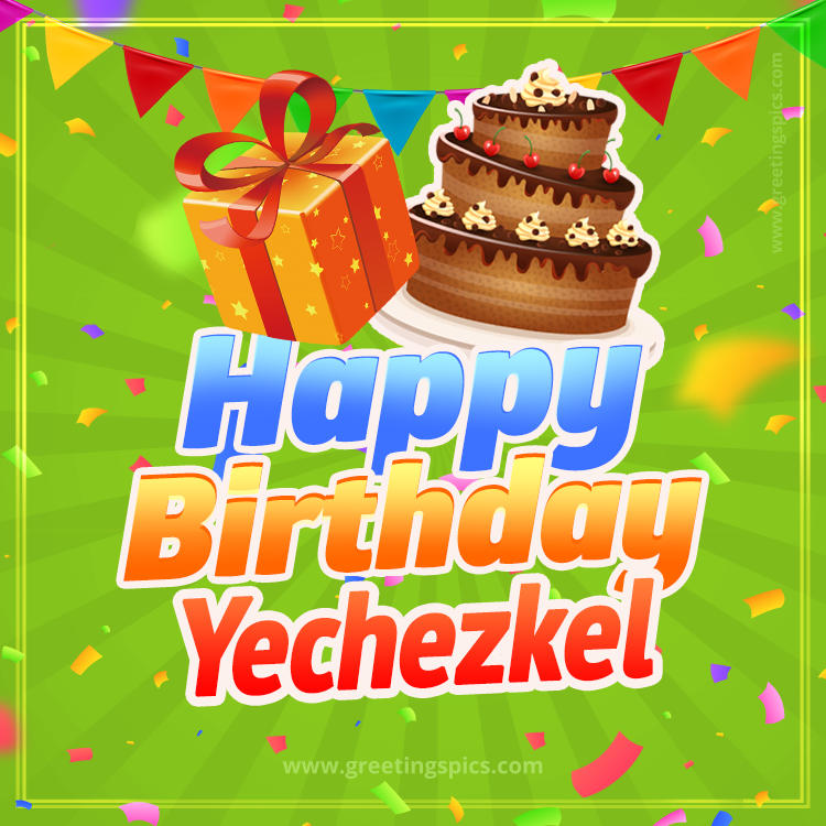 Happy Birthday Yechezkel picture with flags, chocolate cake and gift box (square shape image)