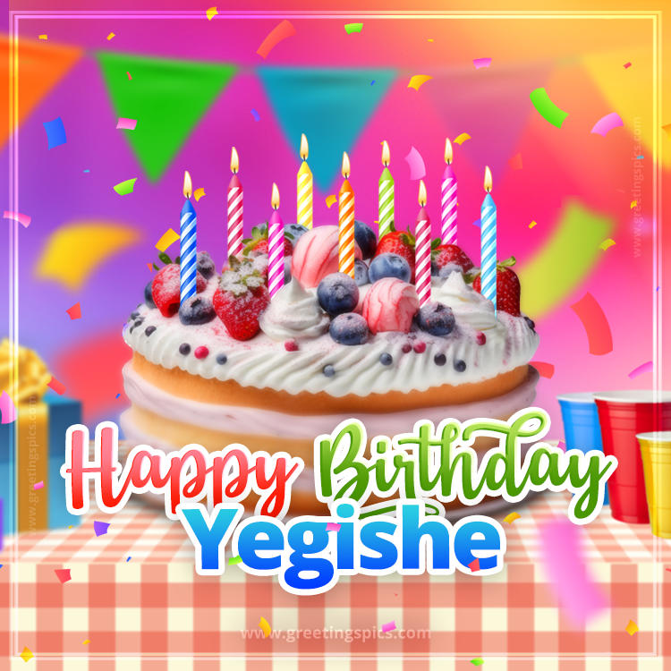 Happy Birthday Yegishe Colorful Image with fruit cake and candles (square shape image)