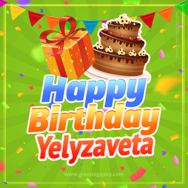 Happy Birthday Yelyzaveta picture with flags, chocolate cake and gift box (square shape image)