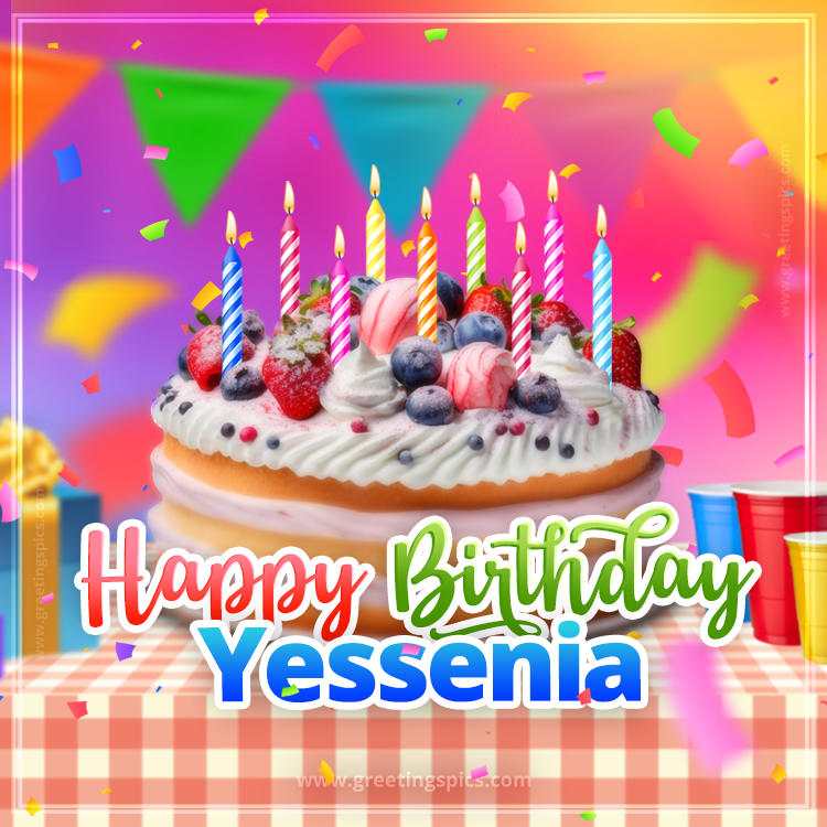Happy Birthday Yessenia Colorful Image with fruit cake and candles (square shape image)