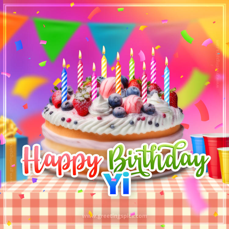 Happy Birthday Yi Colorful Image with fruit cake and candles (square shape image)