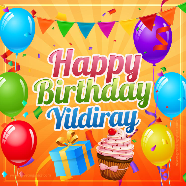 Happy Birthday Yildiray eCard with gift box and cupcake (square shape image)