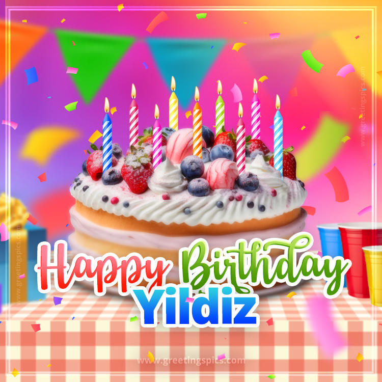 Happy Birthday Yildiz Colorful Image with fruit cake and candles (square shape image)