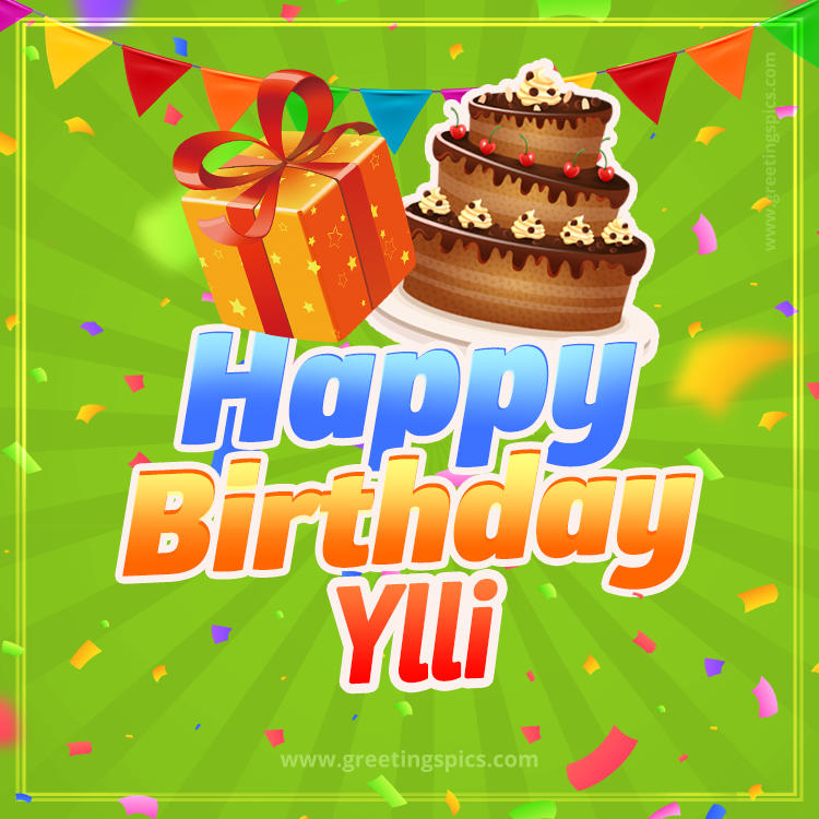 Happy Birthday Ylli picture with flags, chocolate cake and gift box (square shape image)