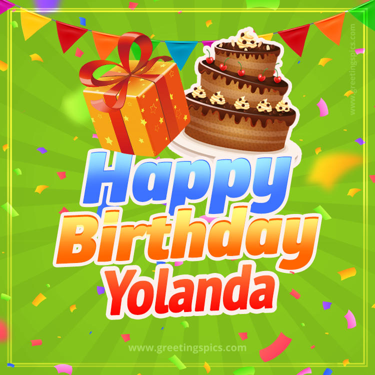 Happy Birthday Yolanda picture with flags, chocolate cake and gift box (square shape image)