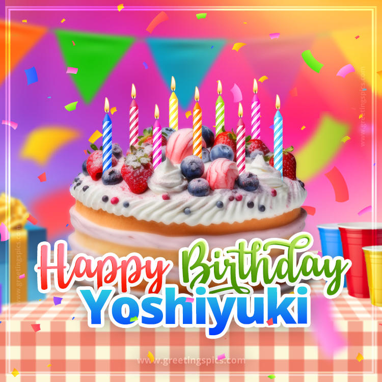 Happy Birthday Yoshiyuki Colorful Image with fruit cake and candles (square shape image)