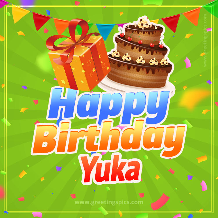 Happy Birthday Yuka picture with flags, chocolate cake and gift box (square shape image)