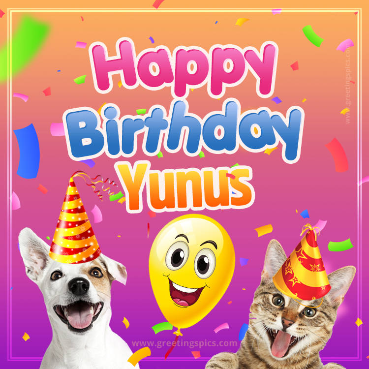 Happy Birthday Yunus Funny Image with cat and dog (square shape image)