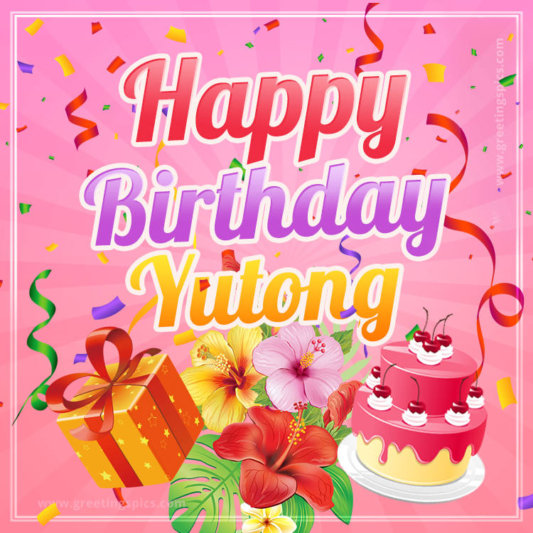 Beautiful Birthday Card for Yutong with Cake and bouquet of flowers (square shape image)