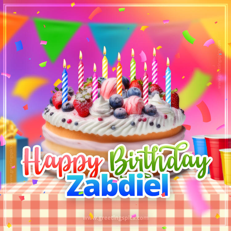 Happy Birthday Zabdiel Colorful Image with fruit cake and candles (square shape image)