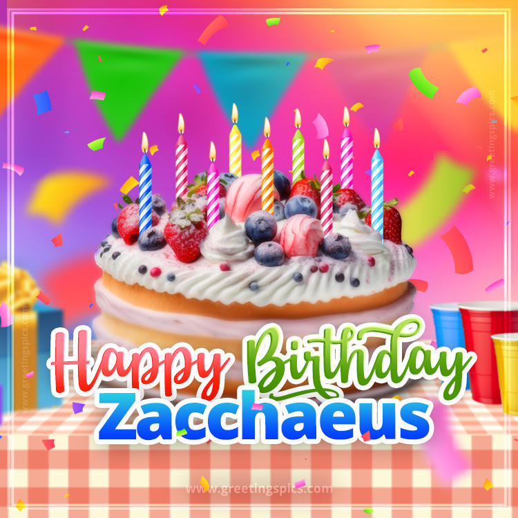 Happy Birthday Zacchaeus Colorful Image with fruit cake and candles (square shape image)