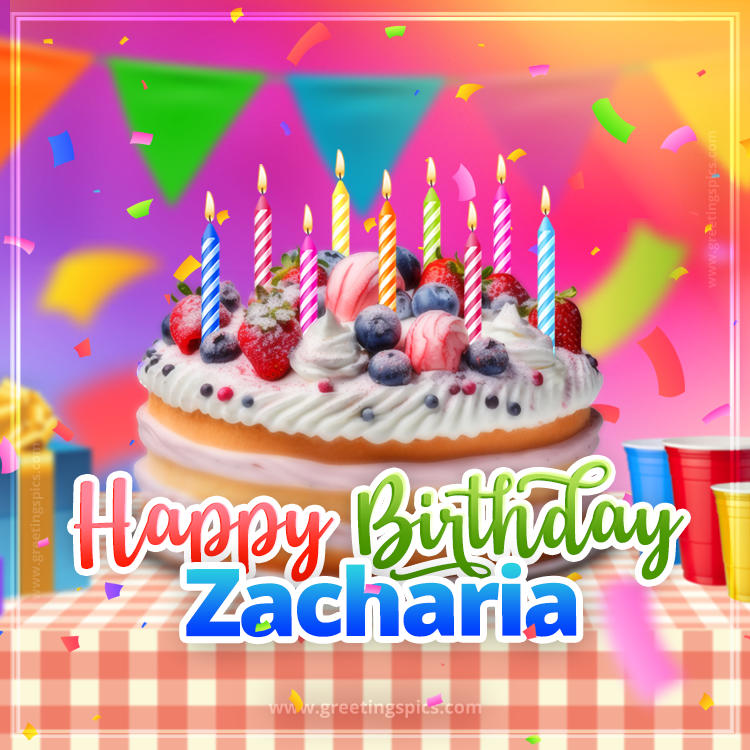 Happy Birthday Zacharia Colorful Image with fruit cake and candles (square shape image)