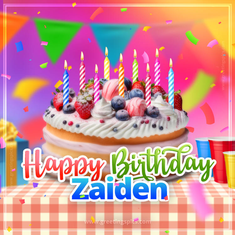 Happy Birthday Zaiden Colorful Image with fruit cake and candles (square shape image)