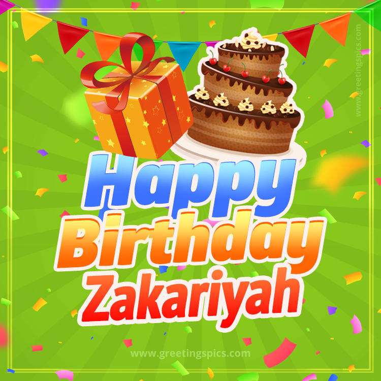 Happy Birthday Zakariyah picture with flags, chocolate cake and gift box (square shape image)