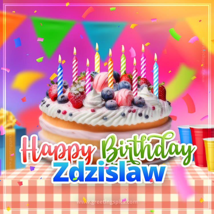 Happy Birthday Zdzislaw Colorful Image with fruit cake and candles (square shape image)