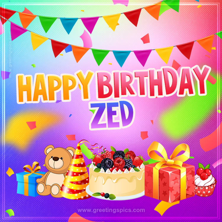 Bright card with Wishes for a Happy Birthday for Zed (square shape image)