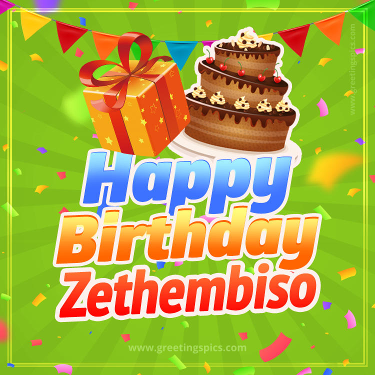 Happy Birthday Zethembiso picture with flags, chocolate cake and gift box (square shape image)