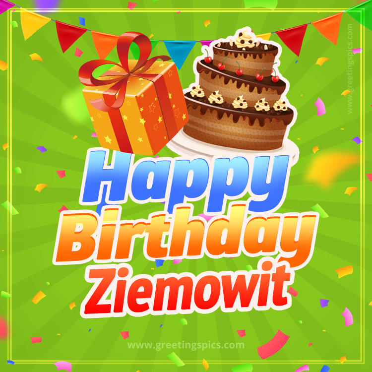 Happy Birthday Ziemowit picture with flags, chocolate cake and gift box (square shape image)